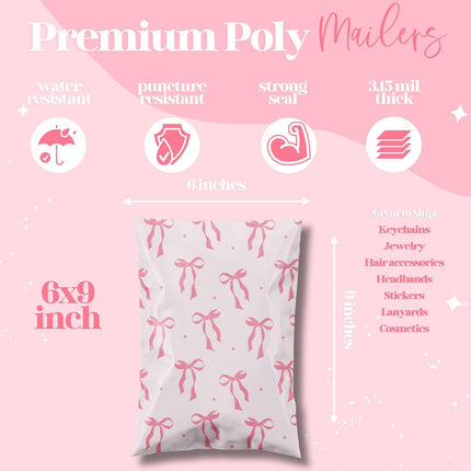 6x9 Pink Bow Designer Poly Mailers, 100 Pack