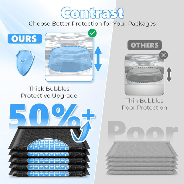 Extra Deep Black Bubble Mailers, 6 x 9 in Usable Size, 50 Pack
