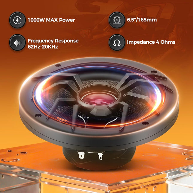 6.5-Inch Coaxial Car Speakers, 1000W Max Power, 250W RMS, 4 Ohm, Pair