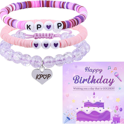 Purple Crystal K-Pop Fan Stretch Bracelet Gift Set with Birthday Card