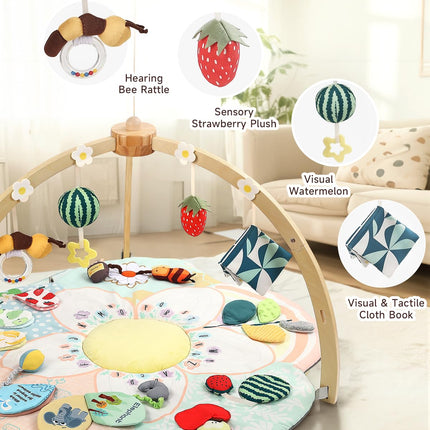 Baby Play Gym & Activity Mat, 5 Developmental Zones Tummy Time Mat with 4 Detachable Sensory Toys, Early Skills & Sensory Development Mat, Newborn Essentials Baby Shower Gift