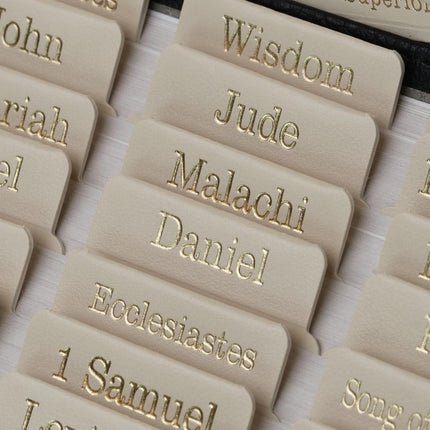 Cream Leather Bible Tabs with Book Summaries and Gold Foil Lettering