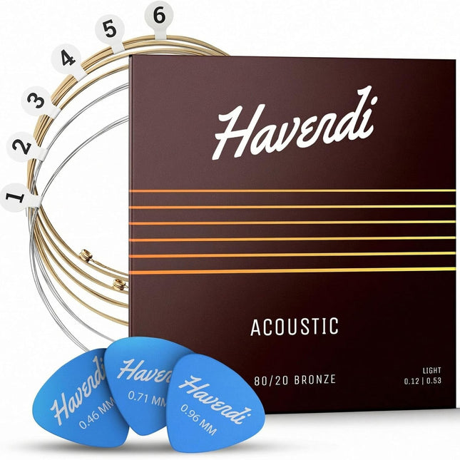 Acoustic Guitar Strings, 80/20 Bronze Coating, Light 12-53, 1 Set with 3 Picks