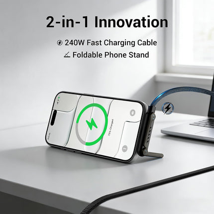 2-in-1 240W Type-C Braided Fast Charging Cable with Built-In Phone Stand, Black, 2 Pack