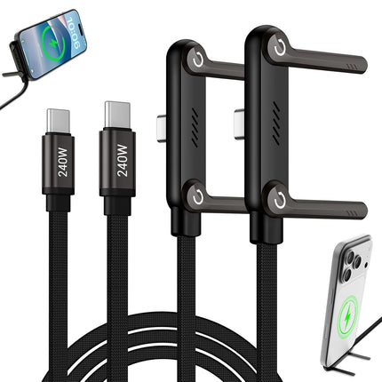 2-in-1 240W Type-C Braided Fast Charging Cable with Built-In Phone Stand, Black, 2 Pack