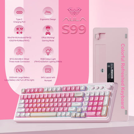 99-Key Wireless Gaming Keyboard with Number Pad, RGB Backlit Tri-Mode, Pink