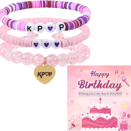 Pink K-Pop Stretch Crystal Bead Bracelet with Birthday Card