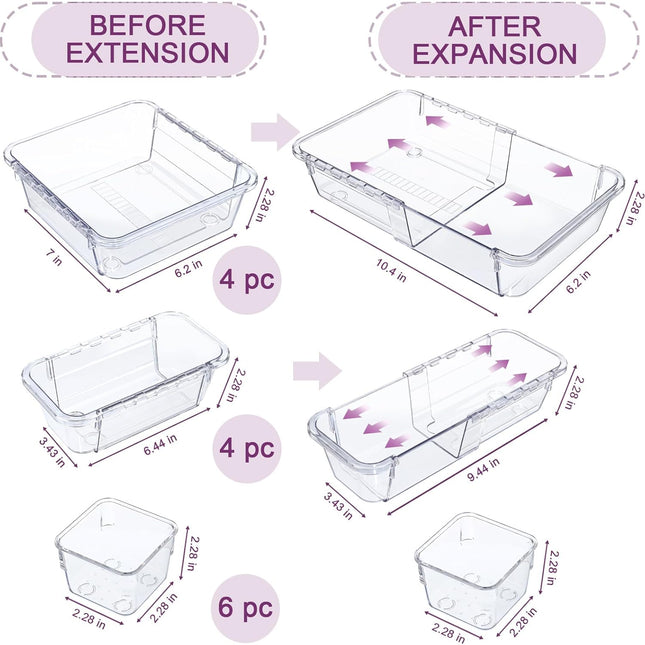 14-Piece Clear Adjustable Drawer Organizer Set
