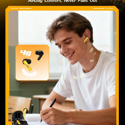 Yellow Wireless Gaming Earbuds with LED Open Mech Case