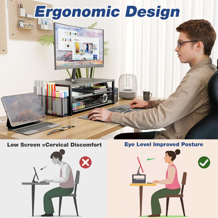 Black 2-Tier Monitor Stand Riser with Drawer and Pen Holders
