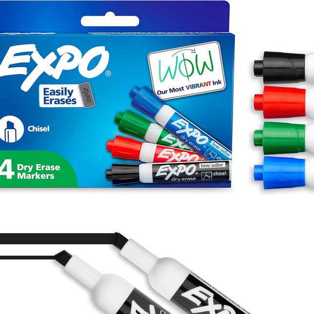 Low Odor Chisel Tip Dry Erase Markers, Assorted Colors, 4 Count
