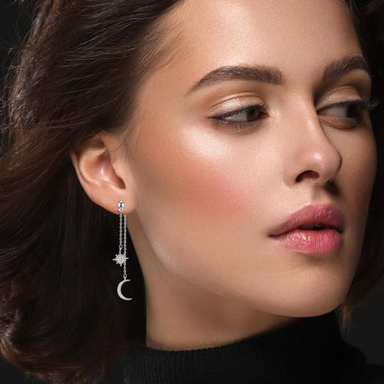 Moon and Star Sterling Silver Dangle Earrings with Chain Tassel