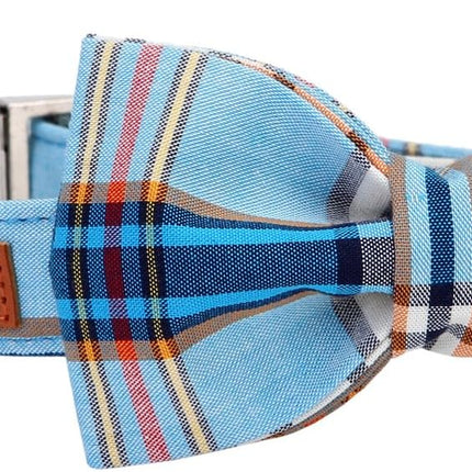 Boy Dog Collar with Blue Plaid Bowtie, Small