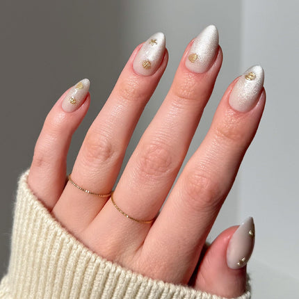 Sanded Short Almond Nude Press-On Nails with Gold Shell Accents