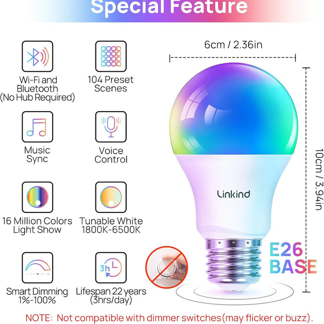 Smart Color Changing LED Light Bulbs, A19 E26, 4-Pack
