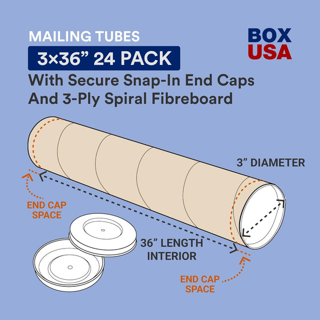 Cardboard Mailing Tubes with Caps, 3 x 36 in, Pack of 24