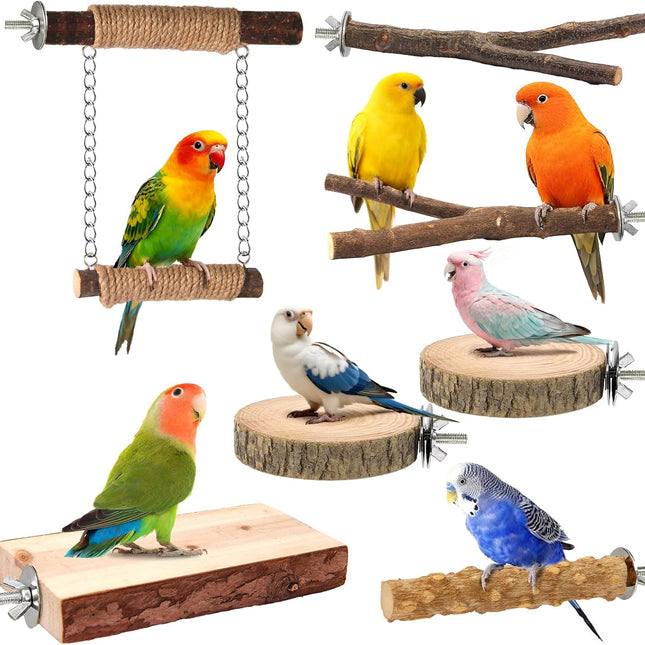 7-Piece Bird Perches for Cage - Wooden Parrot Stand with Fork Toys, Hanging Multi-Branch Platform, Hammock Swing, Gym Playstand & Chewing Toys