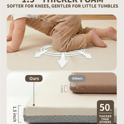 Joypony Baby Play Mat for Floor 50x50, 1.5” Thick Vegan Leather Crawling Mat with Removable Cover, Waterproof Playpen Mat for Infants and Toddlers, Wipe-Clean Kids Playmat, Cream