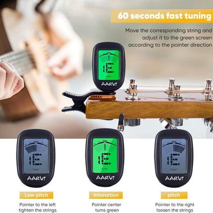 Clip On Guitar Tuner for All Instruments with LCD Display and 4 Guitar Picks