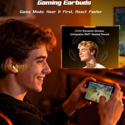 Yellow Wireless Gaming Earbuds with LED Open Mech Case