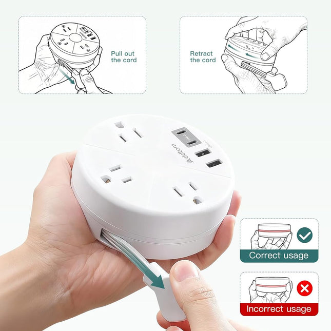 Cruise Approved Travel Power Strip with Retractable Cord