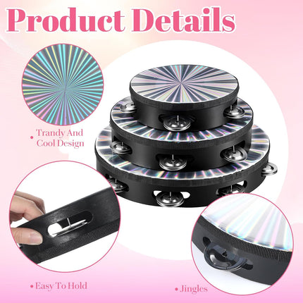 3 Pack Radiant Wooden Tambourines for Adults, 6, 8 and 10 Inch
