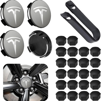 4 Pack 56mm Car Wheel Center Hub Cap Kit with Lug Nut Covers for Model 3 / Model Y, Gray & Silver