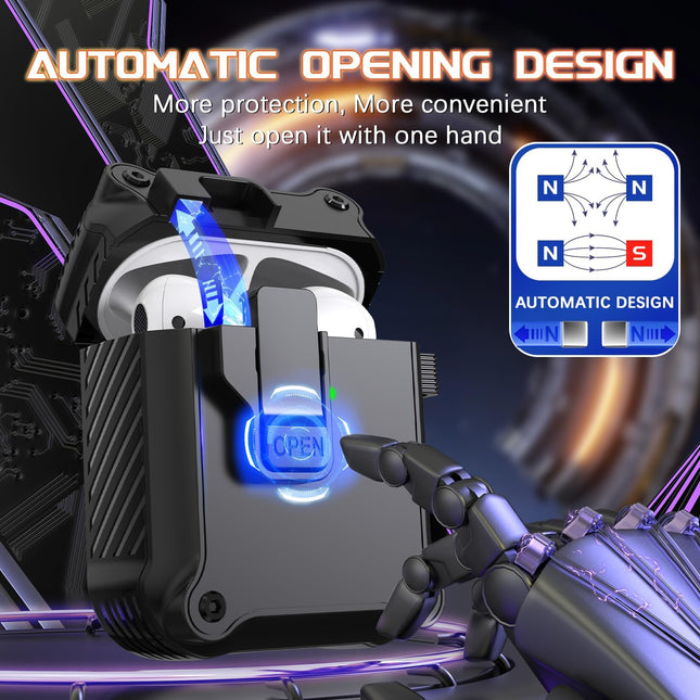 Black Magnetic Lock Earbud Case with Cleaning Kit & Keychain