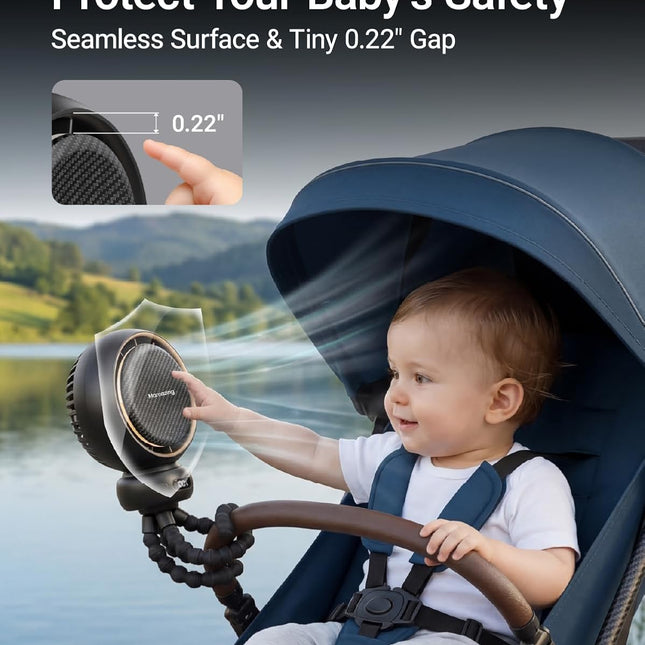 Portable Stroller Fan with 5 Speeds, 70° Oscillation, USB-C Rechargeable Battery, LED Display & Soothing Songs