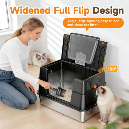 Stainless Steel Extra Large High-Sided Litter Box with Lid