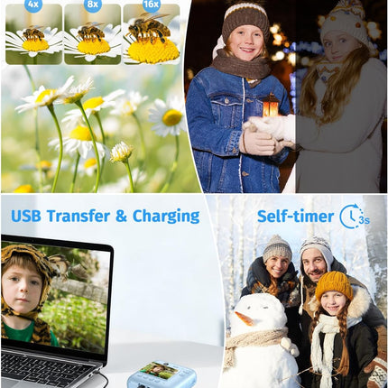 Blue Dual-Lens Instant Print Kids Camera with 1080P Video and 32GB Card