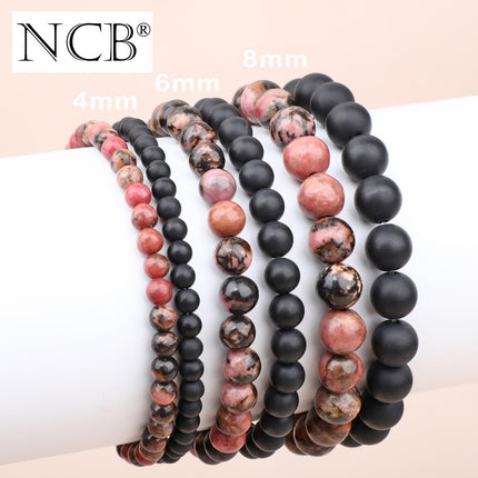 2-Piece 6mm Natural Crystal Gemstone Stretch Bracelets - Pink Black Rhodonite and Matte Black Agate