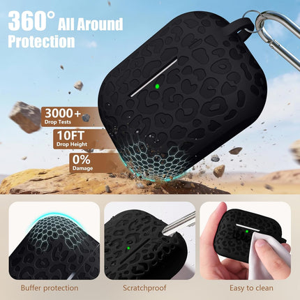 Leopard Engraved Soft Silicone Earbud Case Cover with Keychain and Cleaning Kit, Black