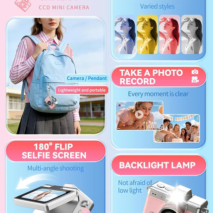 Mini Keychain Camera, 1080P Portable Digital Camera with Flip LCD & Flash, Pink 32GB