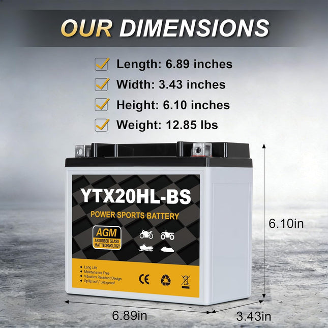 YTX20HL-BS 12V 18Ah 310CCA Sealed AGM Powersport Battery