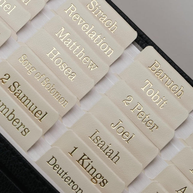 Cream Leather Bible Tabs with Book Summaries and Gold Foil Lettering