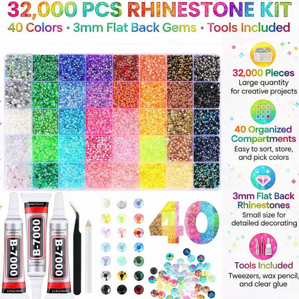 32000 PCS Rhinestones for Bedazzling, Multicolor 3mm Flatback Gems, Suitable for Nail Art, Craft Making, and Handicrafts