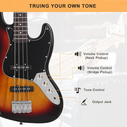 4-String GJazz Full-Size Right-Handed Electric Bass Guitar with Bag, Amp Cord and Beginner Kit - Sunset