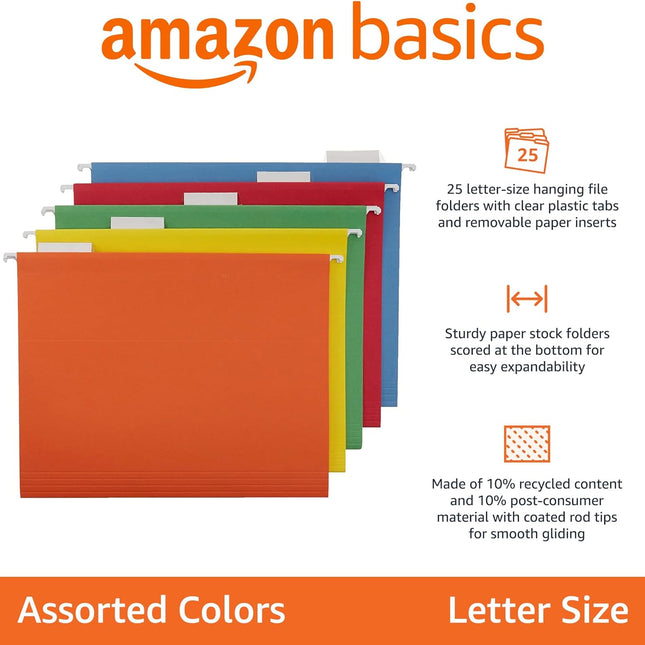Hanging File Folders with Adjustable Tabs, Letter Size, Assorted Colors, 25-Pack