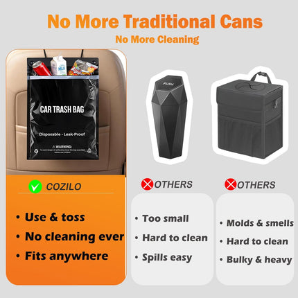 50 Count Recycled Disposable Car Trash Bags, 2.5 Gallon Leakproof Smellproof Hanging and Stick-On Bags