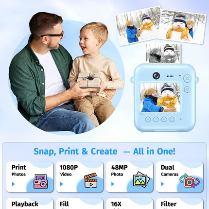 Blue Dual-Lens Instant Print Kids Camera with 1080P Video and 32GB Card