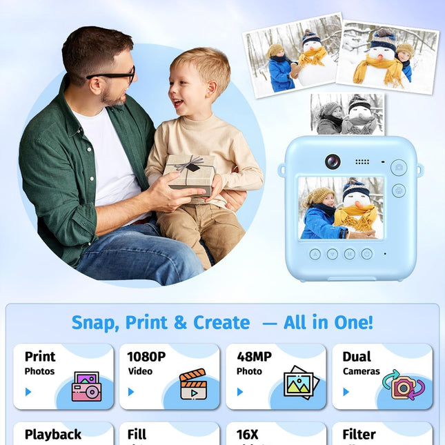 Blue Dual-Lens Instant Print Kids Camera with 1080P Video and 32GB Card