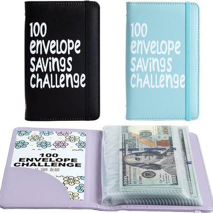 2Pcs 100 Envelopes Money Saving Challenge Binder, Black + Blue