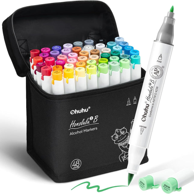 48-Color Alcohol Marker Set with Brush and Fine Tips