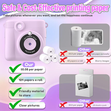 Purple Instant Print Camera for Kids with 32GB SD Card
