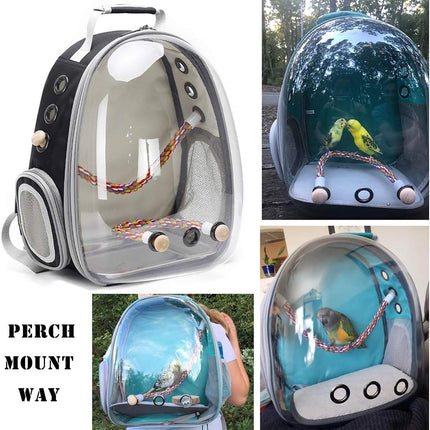 Clear Space Capsule Bird Travel Carrier Backpack with Metal Tray and Wood Perch