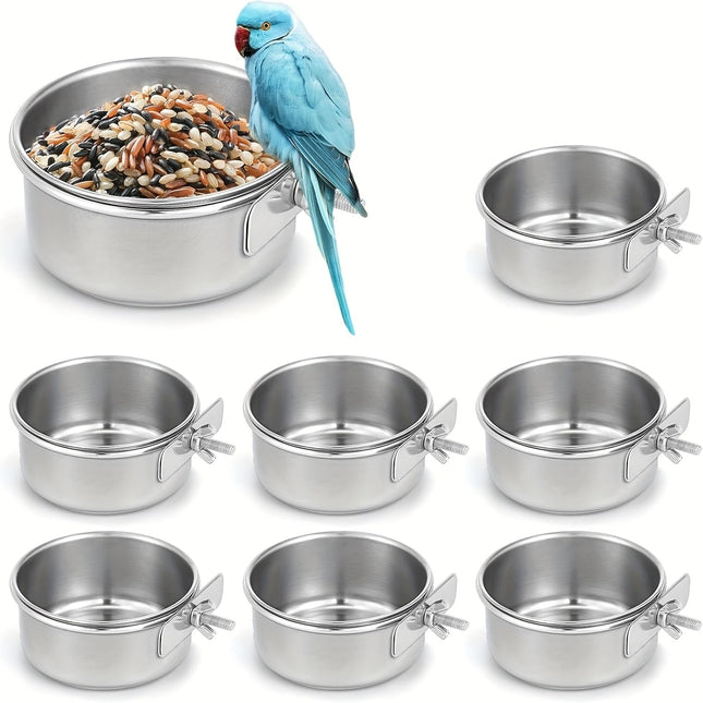 4-Piece Stainless Steel Bird Food & Water Bowls with Clamp Holders