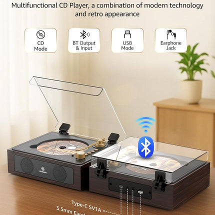 Retro Portable CD Player with Built-In Speakers and Bluetooth, Walnut Brown