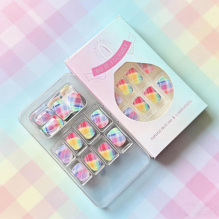 PawHaven RefugioPata Rainbow Checkered Press on Nails Short Square Gradient Fake Nails with — Pet Supplies