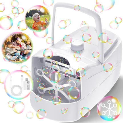 White Automatic Bubble Machine with 2 Speeds and 6 Wands